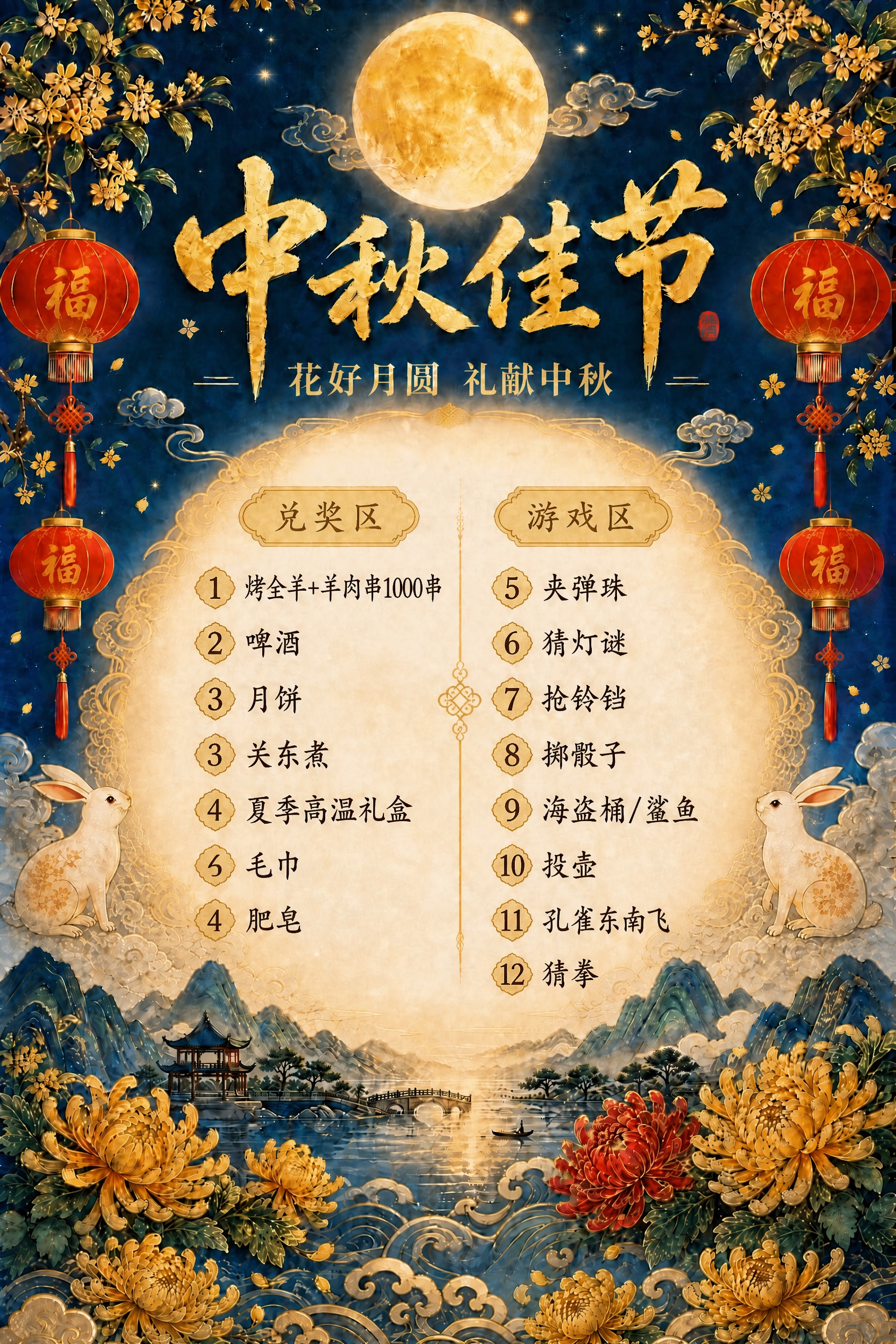 基于这张中秋节海报修改：修正左侧兑奖区的序号，正确顺序应为：1… - 图片创意预览