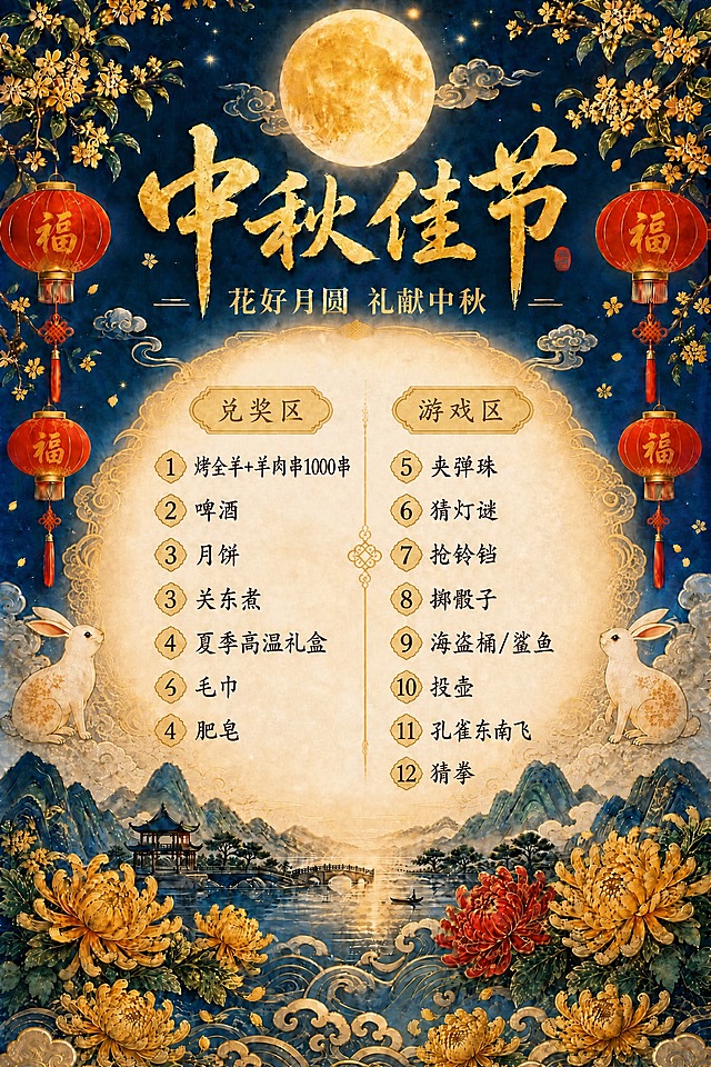 基于这张中秋节海报修改：修正左侧兑奖区的序号，正确顺序应为：1.烤全羊+羊肉串1000串、2.啤酒、2.月饼、3.关东煮、4.夏季高温礼盒、4.毛巾、4.肥皂。即序号依次为1、2、2、3、4、4、4，共7项。右侧游戏区内容和序号保持不变。所有文字字体、颜色、大小、排版位置和整体风格完全保持原样，只修改兑奖区的序号数字。画面中所有数字必须精确渲染，不得错位、遗漏或编造。