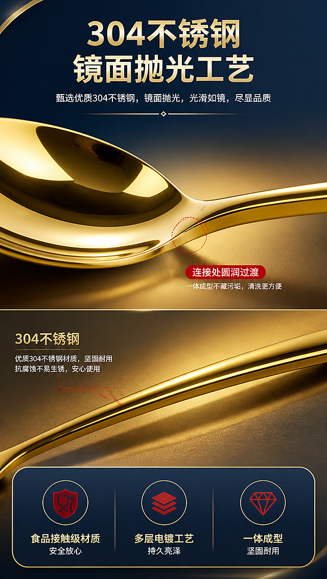 [商品] 使用【图1】金色长柄公勺；重点展示勺面与手柄连接处的材质细节、金色镀层质感、镜面抛光效果；保留产品材质纹理与金属反光特性。
[画面] 目标：材质工艺页，微距展示304不锈钢与镜面抛光品质。构图：上下分栏，上方为勺面微距特写占60%，下方为手柄细节与材质说明。景别：微距特写。阅读动线：从上至下。前中后景：前景金属表面高光纹理，中景产品细节，后景虚化金色渐变。
[视觉] 套系策略：风格=高端专业赛事商业摄影；标题字=思源黑体粗体；正文字=思源黑体常规；主色=香槟金+深蓝；背景延展=基于深蓝与金色做深浅层级、同色渐变和细腻绸缎/金属质感；强调色=中国红，仅用于小面积图标、引线和标签；标题色=深金色；正文色=深炭灰；组件=圆角金边信息卡、细线引线、金色编号；光影=侧光突出金属质感与高光层次。
[文字] 顶部主标题「304不锈钢 镜面抛光工艺」，下方3个卖点图标+文字：「食品接触级材质 安全放心」「多层电镀工艺 持久亮泽」「一体成型 坚固耐用」，文字横排于底部信息卡内。
[规格] 图片比例9:16竖版，4K分辨率，负向提示：避免变形、错字、文字过小、出现省份名称、出现人脸、出现原始logo、冷蓝/冷灰背景、产品颜色改变、结构失真。
