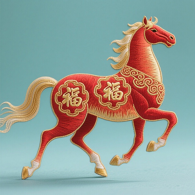 刺绣风骏马，红金配色，福字纹样，国潮重拟物设计，喜庆中式民族风，新春佳节氛围浓厚。
