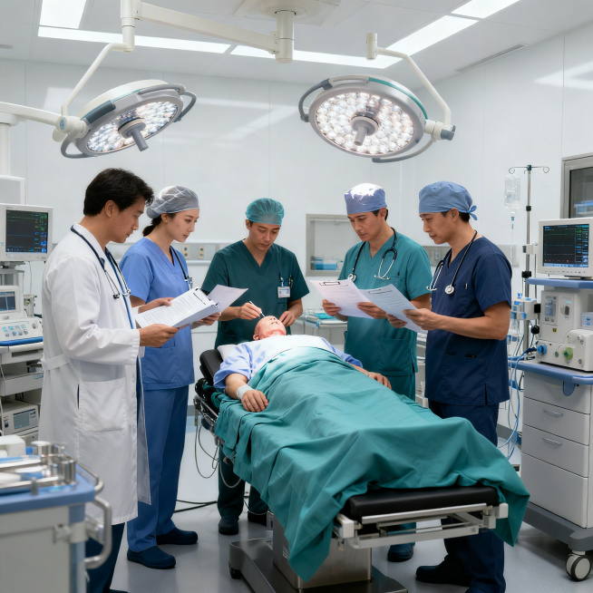 心脏介入手术室内，医疗团队正在核对患者病史信息，医生和护士围在手术台旁查看病历，先进的介入手术设备，干净明亮专业的现代手术室环境，写实高清医疗场景预览效果