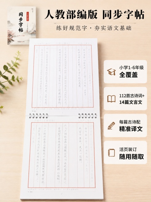 「图片1」「图片1」「图片1」「图片1」生成4张电商商品图，拼多多平台。商品名称是小学1-6年级语文课本古诗文，卖点是完整收录人教部编版1-6年级语文教材全部古诗文，共126篇（112首古诗词+14篇预览效果