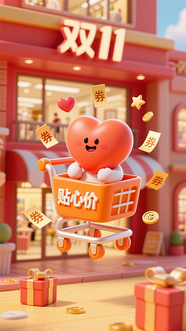 软3D风格的拟人化爱心角色推着购物车，满载优惠券与金币，背景为双11商场，充满可爱感与梦幻感，传递促销氛围。