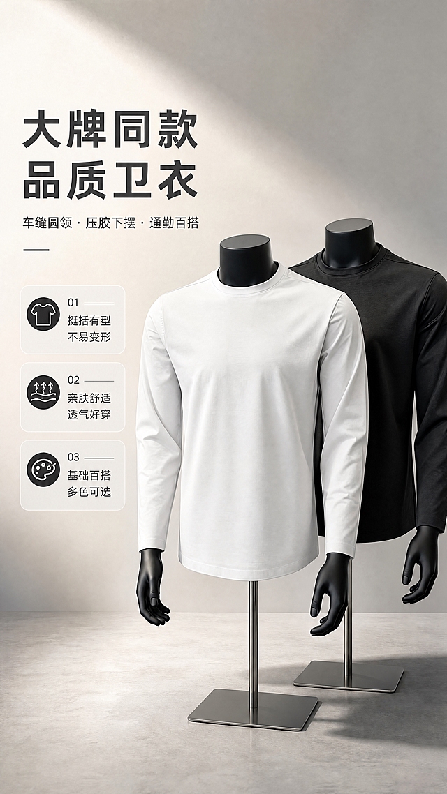 [商品] 使用【图1】白色圆领长袖卫衣、【图3】黑色圆领长袖卫衣；商品处理：保留圆领、长袖、车缝领口、压胶下摆、版型结构和颜色；自然去除衣身杂乱褶皱，理顺垂坠，增强面料纹理、缝线和压胶边质感，不改变版型和结构。
[画面] 目标：风格头图，突出大牌同款品质感与通勤高级感。构图：左文右图，左侧留白放标题，右侧白黑两件卫衣并列主视觉，白色在前、黑色在后错落摆放，产品占画面65%。景别：中景。前中后景：前景浅灰地面投影，中景两件卫衣立体陈列，后景极简影棚渐变背景+柔和侧光。阅读动线：从左上标题到右侧产品。
[视觉] 套系策略：风格=极简高级通勤商业摄影；标题字=现代无衬线粗体；正文字=简洁无衬线体；主色=高级灰调；背景延展=基于米灰/炭灰做深浅层级渐变、细腻哑光质感；强调色=深炭黑，仅用于小面积图标、引线和标签；标题色=深炭灰；正文色=中暖灰；组件=细线引线、圆角浅底信息卡；光影=左前侧45度柔光，柔和立体阴影。
[文字] 左上主标题「大牌同款 品质卫衣」（8字），副标题「车缝圆领·压胶下摆·通勤百搭」，下方3个短卖点：① 挺括有型 不易变形 ② 亲肤舒适 透气好穿 ③ 基础百搭 多色可选。文字区左上留白，不遮挡产品主体。
[规格] 淘宝/天猫详情页，单屏比例9:16竖版，分辨率4K，负向提示：避免变形、错字、文字过小、褶皱杂乱、颜色偏差、版型失真、白底孤立、极限词。