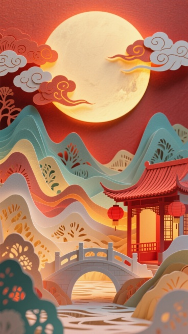 全景式纸雕画面，底部是层叠起伏的纸雕远山，山间穿插镂空纸雕的古桥与流水，中层是纸雕的中式庭院，屋檐下挂着红灯笼纸雕，顶部是巨大的圆形纸雕圆月，边缘雕刻云纹，整体以橙红暖调为主预览效果