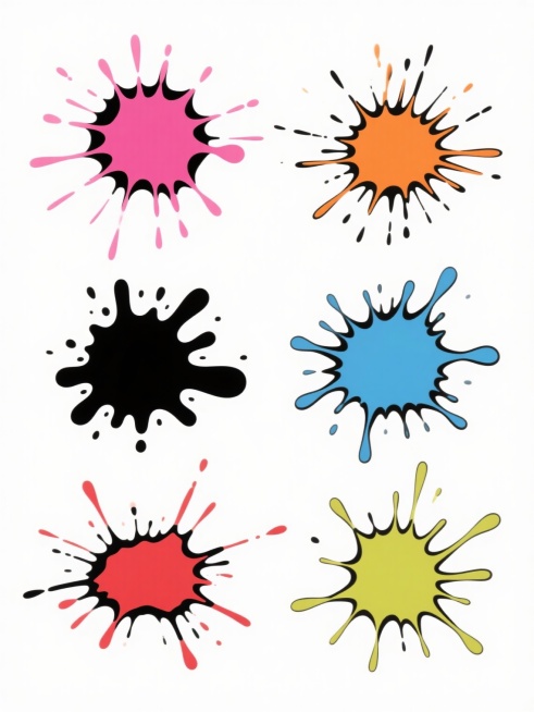 白色纯色背景上，6个完全不同造型的泼墨元素系列素材集合规整排布，每个泼墨元素保持原有的抽象、随机、自然的泼溅形态和黑色轮廓边缘特征，整体色彩变换为各不相同的鲜明颜色，无任何文字。预览效果