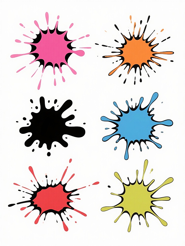 白色纯色背景上，6个完全不同造型的泼墨元素系列素材集合规整排布，每个泼墨元素保持原有的抽象、随机、自然的泼溅形态和黑色轮廓边缘特征，整体色彩变换为各不相同的鲜明颜色，无任何文字。