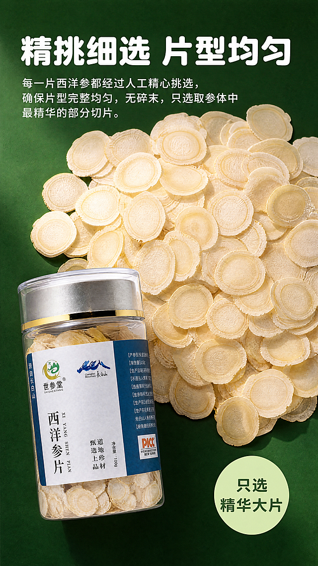 [第4屏] 详情页产品特点展示屏-精挑细选片型均匀西洋参片。
[氛围/风格] 干净品质感，突出产品细节，商业摄影质感。
[元素布局] 画面中心偏上为倒出的西洋参切片，展示完整均匀的大片形态，左下角放置完整世参堂西洋参玻璃罐产品。保持玻璃罐产品物理结构、材质质感、颜色与输入产品图一致，杜绝任何变形和色差。西洋参切片铺满画面中上区域，玻璃罐占左下角约25%，整体构图稳定，细节突出。
[光影质感] 自然暖阳逆光，突出西洋参切片的通透纹理，光线柔和均匀，纹理清晰可见，阴影自然不生硬。
[配色色系] 全局底色：#2c5f2d（深绿色）；主体为米白色西洋参切片，搭配绿色背景，文字使用深绿色和白色对比清晰。
[视角构图] 俯视特写视角，重点突出西洋参切片的片型大小和均匀度，景深适中，细节清晰。
[文字版式] 顶部大标题「精挑细选 片型均匀」，白色圆角粗体；下方文字说明："每一片西洋参都经过人工精心挑选，确保片型完整均匀，无碎末，只选取参体中最精华的部分切片。"，白色小字行间距适中。右下角圆形浅绿色标签标注「只选精华大片」，深绿色文字。字体采用圆角黑体，字色仅白色和深绿色，纯色填充字效，排版不遮挡主体细节。
[比例分辨率] 宽高比9:16，4K分辨率，文字清晰可辨，超高清。
[负向提示词] 变形，水印，文字错乱，缺件错件，颜色偏差，包装文字错乱，产品图模糊，背景杂乱