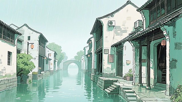 二次元古风，古城，江南烟雨，河边，古街上，构图夸张，浅绿色，浅灰色，细节丰富，不要人物，生成2张，16:9