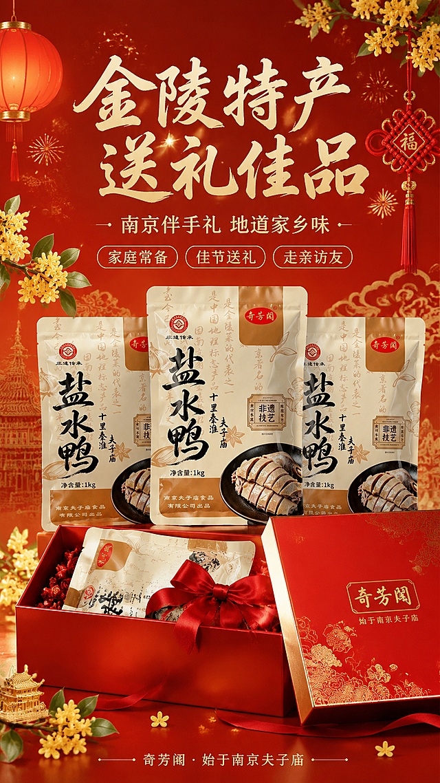 [第11屏] 礼赠囤货-家庭常备佳节送礼金陵特产伴手礼。本屏使用【图1】包装袋参考。
[氛围/风格] 礼赠品质风，喜庆温馨，特产伴手礼感，节日氛围。
[元素布局] 画面中央为3袋盐水鸭组合陈列，呈阶梯状摆放，中间一袋稍高，左右两袋稍低，占比约50%；包装袋前方有一个红色礼品盒，盒盖半开，里面露出一袋盐水鸭和红色丝带；周围点缀红色灯笼、中国结、桂花枝等南京特色元素；背景为暖红色渐变到金色的喜庆背景，有淡淡的云锦纹样。
[光影质感] 暖金色主光，产品有金色轮廓光，礼品盒有光泽感，整体喜庆高级。
[配色色系] 全局底色 #C41E3A（中国红渐变到金）；主色 #D62828（红）、#DAA520（金）；辅助色米白、深棕。
[视角构图] 正面微仰视，产品组合居中，礼品盒在前方，形成礼赠堆头感，视觉中心突出。
[文字版式] 顶部主标题「金陵特产 送礼佳品」书法大字，副标题「南京伴手礼 地道家乡味」；下方三个圆角标签「家庭常备」「佳节送礼」「走亲访友」；底部小字「奇芳阁 · 始于南京夫子庙」；字体沿用首屏宋体+书法，字色金色+米白。
[比例分辨率] 9:16 竖版比例，4K分辨率，文字清晰可辨，高清画质。
[负向提示词] 包装袋变形，文字错乱，颜色偏差，元素杂乱，水印，廉价感。