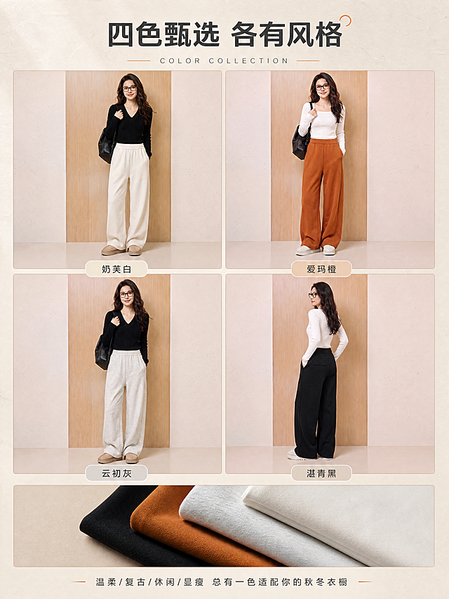 [商品] 使用【图1】爱玛橙、【图2】奶芙白、【图3】云初灰、【图4】湛青黑4色模特图及【图9】四色面料叠放图；商品处理：保留每色裤子的版型、颜色、面料质感、松紧腰头和侧缝结构；统一修顺裤型垂坠感，增强面料肌理，不改变颜色和版型。
[画面] 第4张·多色系列展示页，目标呈现4色全貌。2×2矩阵构图，4个等大格子分别展示4色模特全身穿搭（左上奶芙白【图2】、右上爱玛橙【图1】、左下云初灰【图3】、右下湛青黑【图4】），每格下方标注色名；底部通栏放四色面料叠放平铺图（使用【图9】）做质感补充。背景为浅米白艺术肌理，格子间用细暖灰线分隔。
[视觉] 套系策略：风格=简约高级通勤慵懒风杂志画报；标题字=现代无衬线粗体中文+纤细英文装饰；正文字=简洁无衬线体；主色=奶杏米白；背景延展=基于奶杏米白做深浅层级、同色渐变、艺术肌理墙面/木纹/纸张质感；强调色=爱玛橙（焦糖棕），仅用于小面积标签、引线、标题点缀和装饰线；标题色=深炭灰；正文色=中暖灰；组件=圆角浅底信息卡、细线引线、细横线分隔；光影=左前侧暖柔光，柔和漫射，自然投影。
[文字] 顶部主标题"四色甄选 各有风格"，英文小字"COLOR COLLECTION"；4格下方分别标注："奶芙白""爱玛橙""云初灰""湛青黑"；底部小字"温柔/复古/休闲/显瘦 总有一色适配你的秋冬衣橱"。所有文字横排，色名用圆角小标签样式。
[规格] 图片比例3:4竖版，4K分辨率，medium质量，避免变形、错字、文字过小、颜色偏差、版型失真。