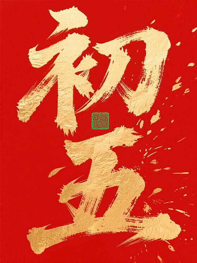 主体是巨型金色书法 “初五”，笔触苍劲有飞白质感，字间嵌入绿色传统回纹印章图案。红色背景。