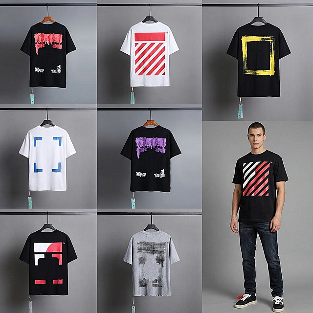 将7张off-white品牌T恤设计图进行拼图排版，右下角加入穿着该系列T恤的模特展示图，保持整体风格统一，高清质感