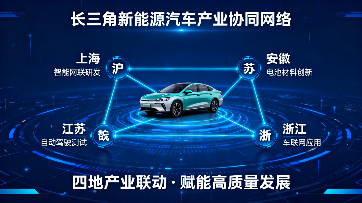 量子网络连接设计，四个节点分别对应沪皖苏浙四个省份，每个节点标注对应产业定位，用发光量子纠缠线连接四个节点到中心新能源汽车，象征四地产业网络协同联动，共同赋能长三角汽车产业高质量发展，深蓝色科技感背景预览效果