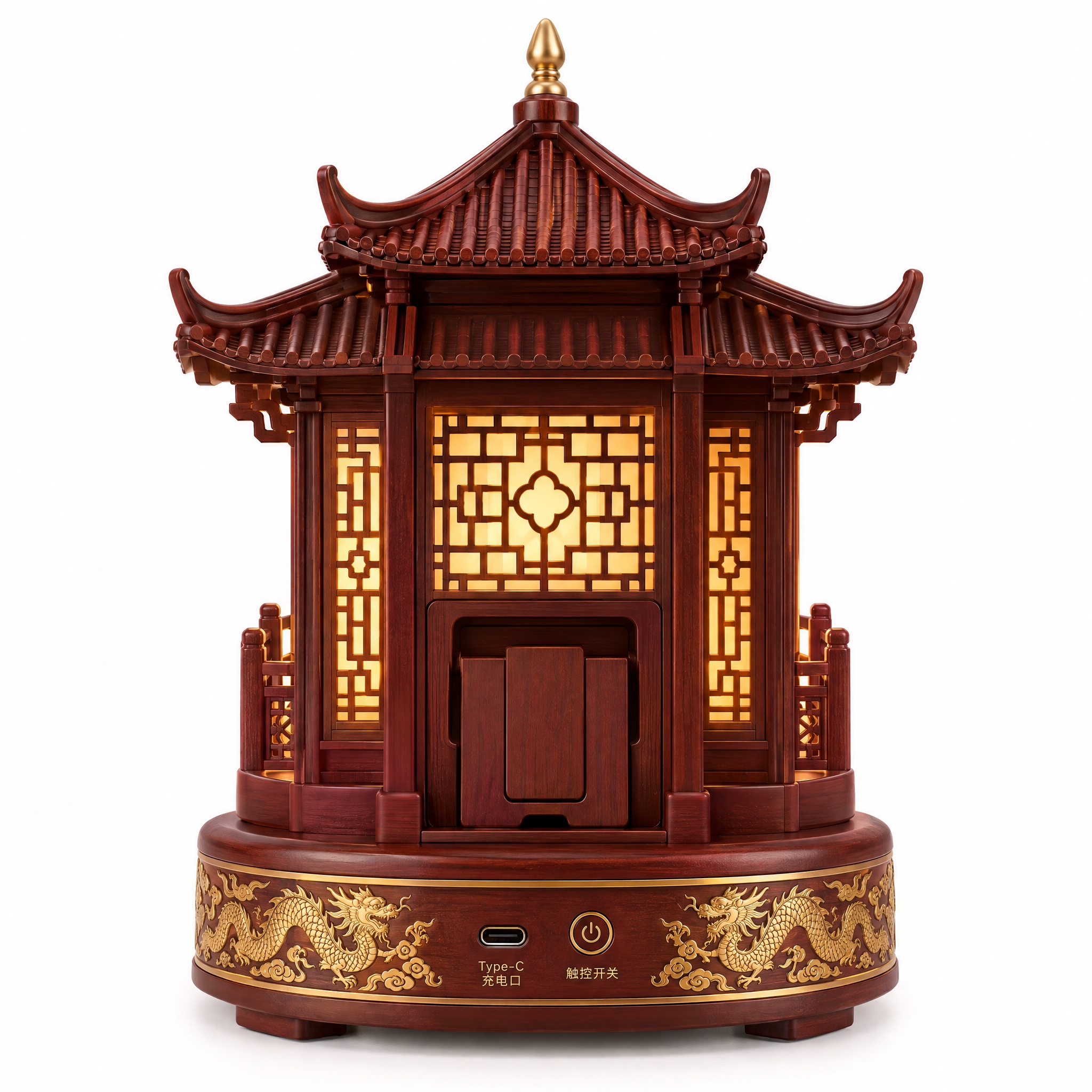产品多角度效果图之背面视角，从正后方拍摄一座精致的楼阁造型夜灯… - 图片创意预览
