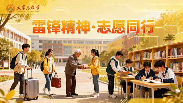 雷锋精神主题横屏视频封面，暖黄色系，展现大学校园志愿服务场景，人们互帮互助、传递温暖，风格明亮正能量，突出奉献、友爱、互助的雷锋精神内核，视觉醒目适合视频主页，风格为现代数字化科技