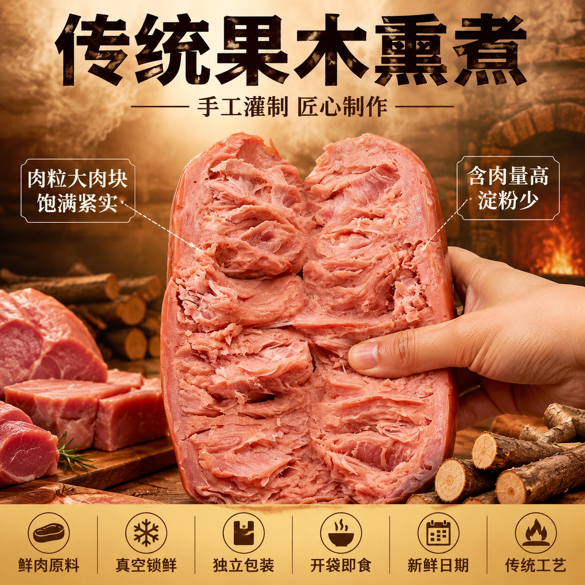 [主图-2] 青岛老火腿核心卖点图 果木熏制工艺与肉质展示。… - 图片创意预览