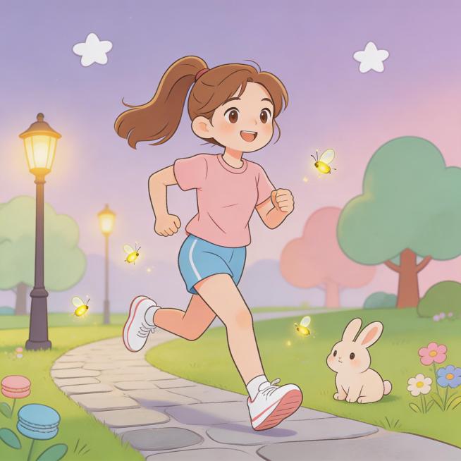 治愈系插画风格夜跑场景，女性模特，跑步姿势为轻快小跑的动态姿势，马卡龙柔和配色，可爱卡通元素，公园夜景预览效果