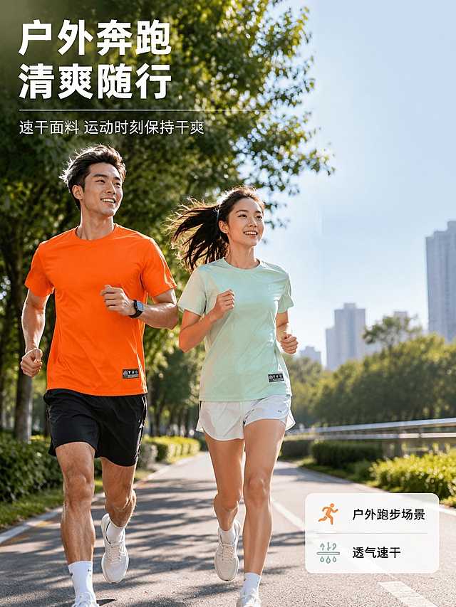 [第4屏] 模特场景-户外跑步运动场景页。本屏使用【图1】薄荷绿、【图2】亮橙色T恤作为穿着参考。
[氛围/风格] 阳光活力户外运动风，真实街拍感，商业摄影质感。
[元素布局] 画面中一位年轻男性亚洲模特穿亮橙色速干T恤在城市绿道跑步，一位年轻女性亚洲模特穿薄荷绿速干T恤在旁慢跑；背景是城市公园绿道，有树木、阳光斑驳光影；模特穿着运动短裤/运动裤，姿态自然有动感；T恤保持原图圆领、短袖、网眼面料、下摆黑色布标的结构特征，颜色与输入图一致。
[光影质感] 午后阳光侧逆光，人物身上有自然光晕，头发有金边效果，地面有树影斑驳，整体明亮通透有活力。
[配色色系] 全局底色自然户外色调，主色橙色+薄荷绿，辅助色绿色植物、蓝天、白色运动裤。
[视角构图] 平视跟拍视角，人物在画面中左区域，右侧留白放文字，阅读动线左上标题 → 人物主体 → 右下场景说明。
[文字版式] 左上主标题「户外奔跑 清爽随行」，副标题「速干面料 运动时刻保持干爽」；右下角小信息卡标注「户外跑步场景」「透气速干」；文字不遮挡人物主体。
[比例分辨率] 3:4 竖版比例，4K 分辨率，文字清晰可辨，高清画质。
[负向提示词] T恤变形，颜色偏差，水印，文字错乱，人物面部畸形，手指畸形，背景杂乱。