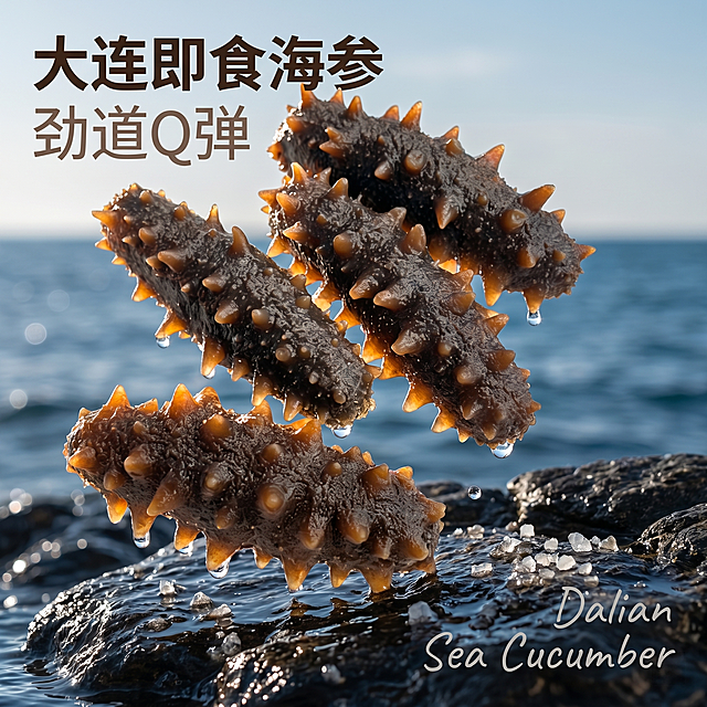 [主图-1] 大连即食海参首图展示，突出劲道Q弹新鲜质感
[氛围风格] 生鲜食欲感，新鲜原产地氛围，高品质天然感
[画质] 商业摄影质感，光线柔和通透，产品清晰真实，画面干净高级
[元素] 保持大连即食海参外观（物理结构、刺参纹理、深褐质感颜色）与输入产品图绝对一致，杜绝任何变形和色差，精细化处理。四根即食海参悬浮摆放在深青蓝色海边礁石背景上，搭配少许晶莹海水水珠和清凉海盐颗粒，商品主体占比严格控制在65%左右，画面满屏无边框。
[光影] 自然海滨暖阳逆光，穿透海参肉体勾勒诱人光泽，海水反光作辅光，整体通透不灰蒙，高光不溢、暗部有层次，突出新鲜水产食欲感
[配色] 主色调深海青蓝，辅色海参自然深褐色，整体干净清爽显新鲜
[视角构图] 平视视角，产品居中为视觉中心，景深适中，轮廓完整不裁切
[文字版式] 左上负空间左对齐留安全边距，大字主文案"大连即食海参"深褐色粗体无衬线，搭配辅助短句"劲道Q弹"约半高同色系浅色调。右下角落点缀浅灰色手写体"Dalian Sea Cucumber"
[比例分辨率] 1:1比例，2k分辨率，文字清晰可辨，超高清
[负向提示词] 变形，水印，文字错乱，产品图模糊，背景杂乱，遮挡主体，配色刺眼，文字不清