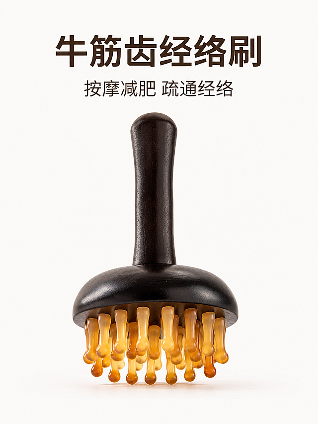 [模块-1] 淘宝主图第一张牛筋齿经络刷产品展示。
[氛围/风格] 简约干净商业摄影风格，奶白色系，整体高级清爽，质感细腻。
[画面元素] 保持牛筋齿经络刷黑色实木手柄，28颗琥珀色渐变牛筋齿的物理结构、材质质感、颜色与输入产品图一致。经络刷放置在奶白色纯色背景中央，主体占画面约65%，突出产品全貌，保留清晰纹理和质感。
[光影质感] 正面柔和主光，轻微自然阴影，产品轮廓清晰，通透干净。
[配色色系] 全局底色#fafafa（奶白）；主体配色#2d2620（手柄黑色）+#f2d392（牛筋齿琥珀色）；文字颜色#333333深棕色。
[视角构图] 平视正面视角，产品居中构图，焦点清晰，背景干净无杂质。
[文字版式] 顶部主标题“牛筋齿经络刷”，深棕色粗体，居中对齐，字号约占画面高度8%；下方副标题“按摩减肥 疏通经络”，深棕色常规字，居中对齐，字号约为主标题的50%。文字不遮挡产品主体。
[比例分辨率] 3:4比例，宽度900像素，高度1200像素，分辨率2K，文字清晰可辨，超高清。
[负向提示词] 产品变形，颜色偏差，文字错乱，水印，背景杂乱，模糊，假货质感。