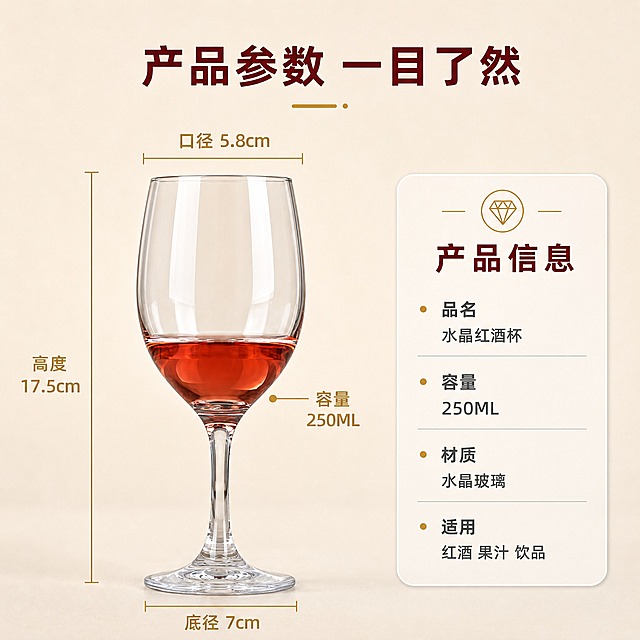 [主图-5] 水晶红酒杯 规格尺寸与容量参数图
[统一基调] 整体风格为专业品质家居风，背景主色为浅米色，标题字色为深酒红，辅助字色为深灰色，强调色为金色，字体为优雅无衬线粗体，字号层级分明，整体清晰专业。
[画面] 水晶红酒杯（250ML）正面视角完整展示，位于画面中央偏左位置。杯子旁边有清晰的尺寸标注线和数字：杯口直径标注"口径 5.8cm"，总高度标注"高度 17.5cm"，底座直径标注"底径 7cm"，杯身中部有容量标注"容量 250ML"。右侧有一个信息卡片区域，列出产品参数。背景为浅米色纯色，简洁干净，信息清晰易读。产品占画面约50%。注意：不是纯白底，是浅米色背景，避免与首图重复。
[光影质感] 商业产品摄影质感，正面柔光布光，杯身光影均匀，细节清晰，底部有自然柔和的接触阴影，整体干净明亮，突出产品的完整形态和尺寸比例。
[配色] 浅米色背景，深酒红标题字，金色尺寸标注线和数字，深灰参数文字，整体清晰专业，信息一目了然。
[文字版式] 顶部居中大标题"产品参数 一目了然"。杯身四周用金色细线和数字标注关键尺寸。右侧信息卡片为圆角白色半透明底，卡片内标题"产品信息"，下方分行列出："品名 水晶红酒杯""容量 250ML""材质 水晶玻璃""适用 红酒 果汁 饮品"。所有文字清晰可读，布局整齐。字体为无衬线体，标题粗体较大，参数文字中等大小。
[输出要求] 比例1:1，尺寸标注准确清晰，参数文字易读，产品完整清晰。负向：尺寸数字错误、文字模糊、杯身变形、背景纯白、有水印、有平台Logo、信息杂乱。