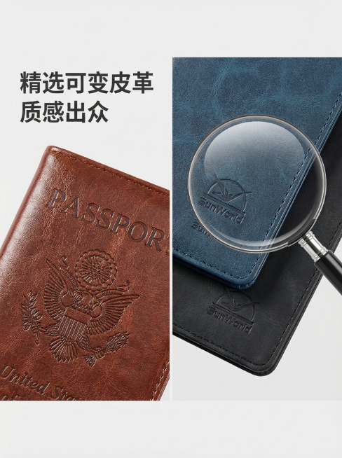 [主图3] 皮革纹理细节特写，商务品质风，浅灰色背景。放大展示卡包表面的压纹logo和可变皮革细腻质感，针脚走线清晰工整，皮革自然光泽突出产品做工品质，颜色与参考图一致。左侧特写标注 "精选可变皮革预览效果