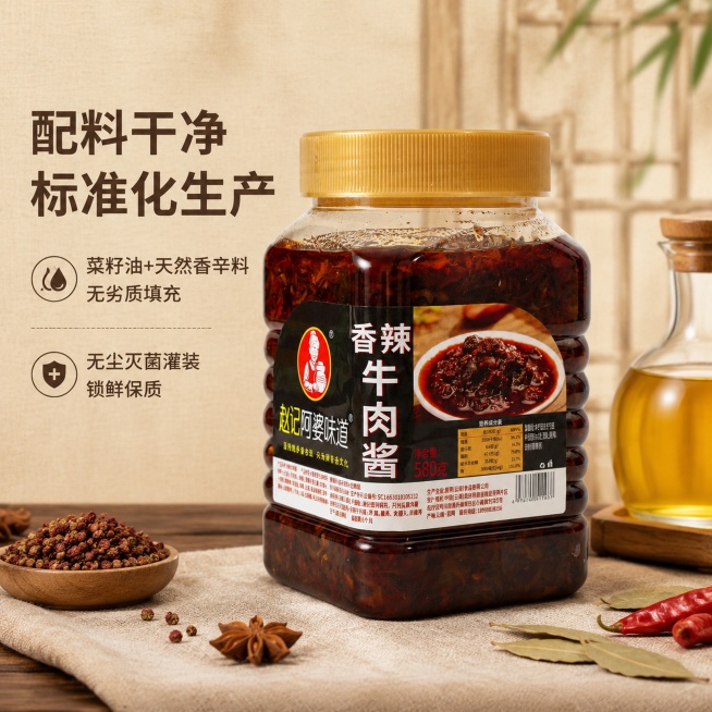 「图片1」，生成电商主图（7张），商品名称是香辣牛肉酱，卖点是大块真实牛肉粒，肉含量足
选用优质牛肉切丁，肉块饱满不碎渣，不靠豆制品填充，每勺都能吃到扎实肉粒，肉香突出。
煸炒去腥，久熬入味不柴
牛肉预览效果