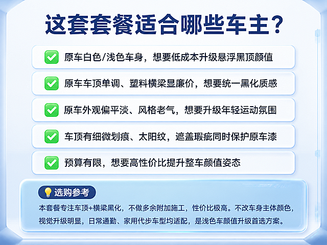 亮黑悬浮顶电商详情图，科技蓝浅渐变玻璃质感风格，与主封面及详情图1视觉统一。画面比例4:3，分辨率2K。

顶部大标题："这套套餐适合哪些车主？"，深蓝色粗体大字，居中醒目。

主体为5条适合人群清单，每条以绿色对勾✅开头，白色圆角玻璃卡片竖向排列，卡片带浅蓝描边与轻微阴影：
1. "原车白色/浅色车身，想要低成本升级悬浮黑顶颜值"
2. "原车车顶单调、塑料横梁显廉价，想要统一黑化质感"
3. "原车外观偏平淡、风格老气，想要升级年轻运动氛围"
4. "车顶有细微划痕、太阳纹，遮盖瑕疵同时保护原车漆"
5. "预算有限，想要高性价比提升整车颜值姿态"

画面底部为"💡选购参考"板块，浅蓝渐变背景圆角大玻璃卡片，内文：
"本套餐专注车顶+横梁黑化，不做多余附加施工，性价比极高。不改车身主体颜色，视觉升级明显，日常通勤、家用代步车型均适配，是浅色车颜值升级首选方案。"

整体风格：科技感、干净清爽、信息层级分明、版式精美、四周留安全边距、商业电商详情页质感。画面中所有文字必须清晰可读，所有信息区域填充完整，不得出现空白框。