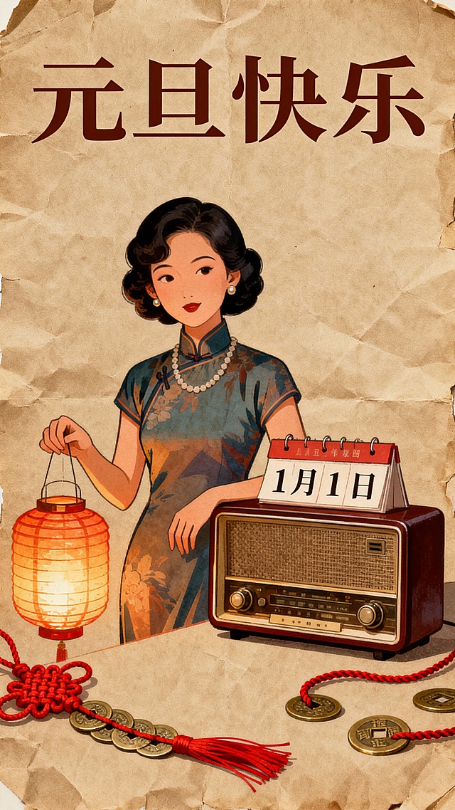 复古风元旦海报，仿旧牛皮纸底色，主体是老上海风格的插画——身着旗袍的女子手持灯笼，旁边是老式收音机与日历（标注1月1日），文字采用民国风宋体，搭配红绳、铜钱等传统元素，整体风格怀旧雅致，传递复古节日氛围