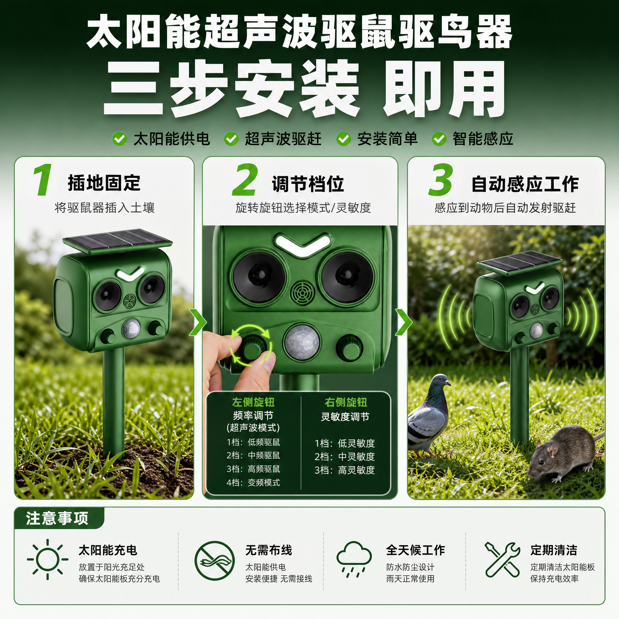 [主图-5] 太阳能超声波驱鼠驱鸟器 使用安装步骤与操作说明。… - 图片创意预览