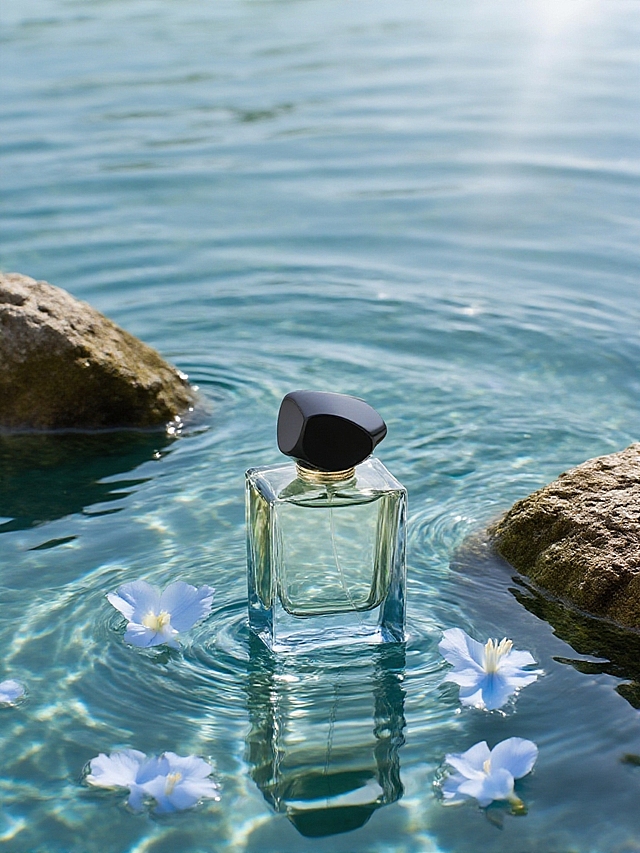 把主体置于清澈水面，周围有岩石，水面带波纹和光影反射，淡蓝色花瓣点缀。