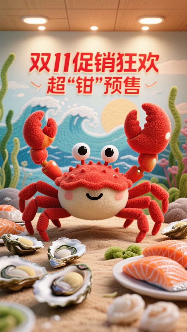 以卡通帝王蟹形象为核心，搭配生鲜美食，背景墙有海浪、海草元素，背景墙上有文字“双11促销狂欢”，下面有设计感字体“超“钳”预售”