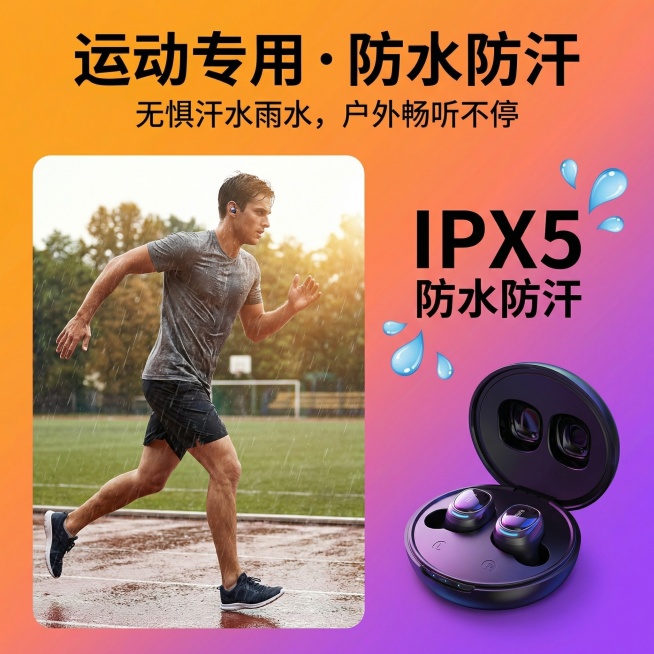 严格还原Mifa蓝牙耳机产品细节，设计为1:1正方形电商主图，核心卖点为运动防水。画面左侧展示耳机佩戴在跑步健身运动场景的模拟效果，右侧标注“IPX5 防水防汗”标识并搭配水滴动态图案，背景为活力运动预览效果