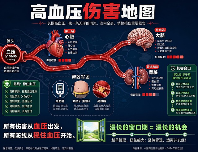 一张高血压健康科普信息图，比例1.3:1横版。画面中心是一张展开的"高血压伤害地图"概念图，以血压为源头，用红色血管路径连接四个器官站点：心脏（第一站）、大脑（终点站）、肾脏（管道末端），以及代表帮凶（高血糖、大肚子、高血脂）的图标群。地图风格简洁现代，医学科普感，用深浅不同的红色表示伤害程度，用绿色标注防线和机会窗口。画面上方有大字标题"高血压伤害地图"，下方有文字说明"所有伤害从血压出发，所有防线从稳住血压开始"，旁边标注"漫长的窗口期 = 漫长的机会"。整体色调以深蓝背景配红色血管路径，白色和绿色文字，专业医疗科普风格，信息图设计，清晰易读，2K画质