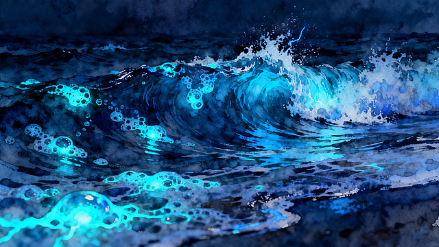 翻涌的海浪带着生物荧光泡沫，午夜蓝与电光蓝形成强烈对比，湿画法表现动感