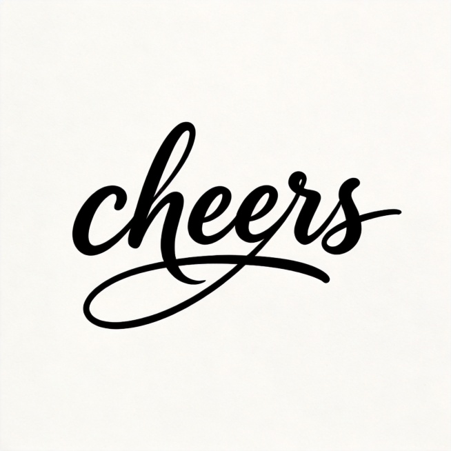 干净的纯白色背景。平面艺术字体设计，主体文字“cheers”，所有文字单行横向排列，流畅手写签名风格，线条自然流畅且前后互相贯穿穿插，笔画柔美连贯，黑色实心文字，整体舒展灵动。仅包含文字："cheer预览效果
