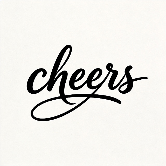 干净的纯白色背景。平面艺术字体设计，主体文字“cheers”，所有文字单行横向排列，流畅手写签名风格，线条自然流畅且前后互相贯穿穿插，笔画柔美连贯，黑色实心文字，整体舒展灵动。仅包含文字："cheers"，不得增加、遗漏或替换任何一个字。文字整体必须完整呈现在画面内不可被裁切，四周留有安全边距。比例1:1。