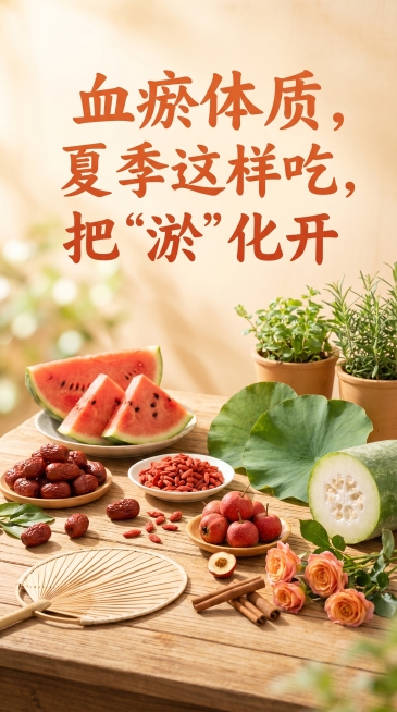 医疗健康科普公众号长图文封面，标题：血瘀体质，夏季这样吃，把“淤”化开，风格清新自然，适合养生主题，暖色调，融入夏季元素和食材，文字醒目预览效果