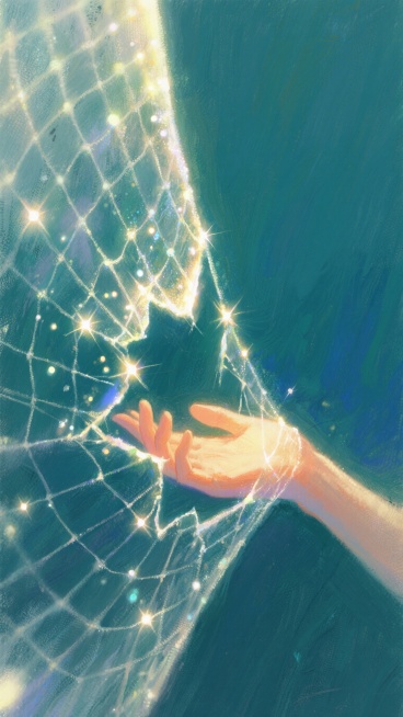 深墨绿蓝色背景，画面中央是一张由发光细线编织而成的网，网的左侧完整紧密，右侧存在断裂，一只暖色调的手从画面下方轻轻托起并修补断裂处，整体氛围沉静而有力量，画面无任何文字预览效果