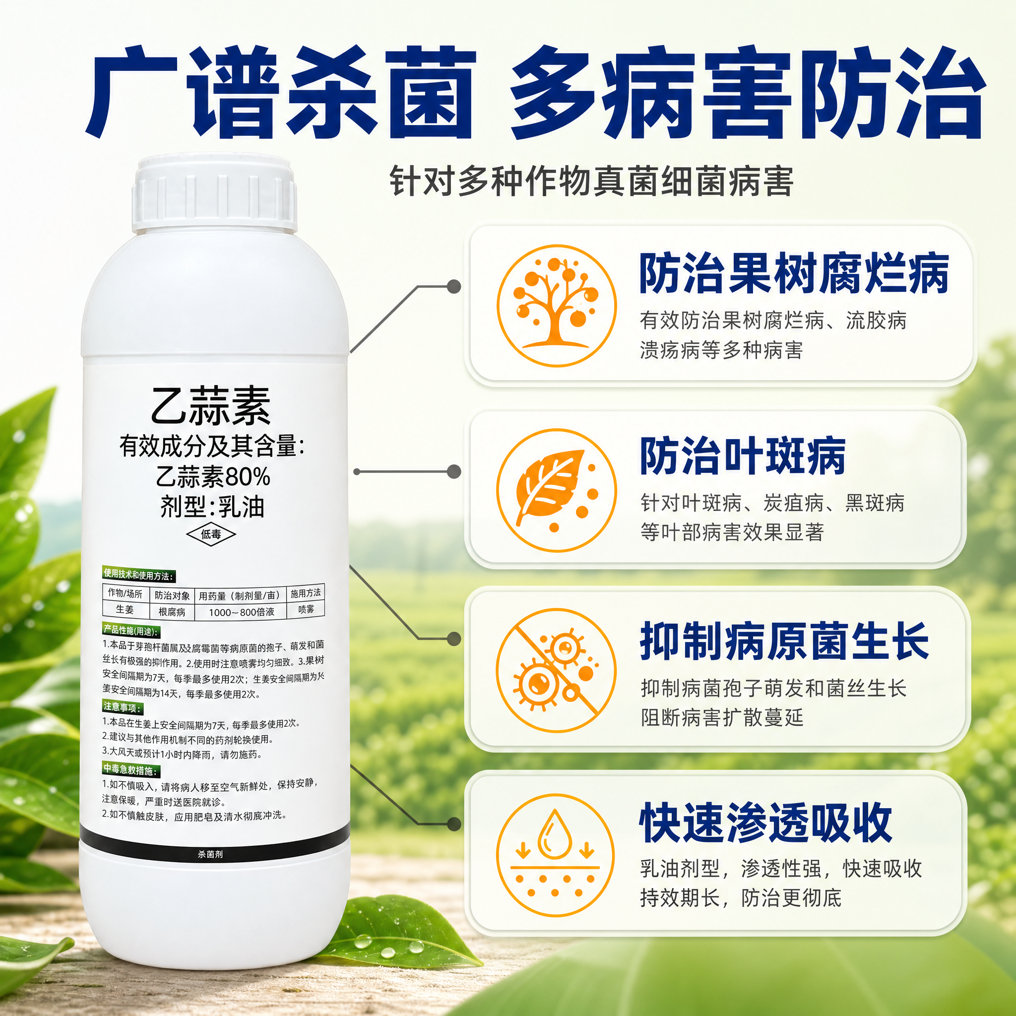 [主图-2] 核心功能亮点图，展示乙蒜素广谱杀菌作用机理与防治… - 图片创意预览