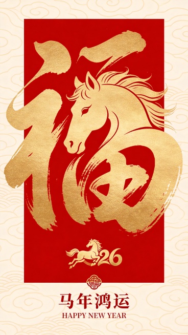 马年海报，传统祥云纹和新年元素图形设计 抽象纯金色的马头与金色“福”字巧妙融合，抽象草书，新颖夸张构图，手绘，信手涂鸦，大写意，采用细腻的曲线相互交织，构建出富有层次感的图案。精美的祥云纹，主图案与底预览效果