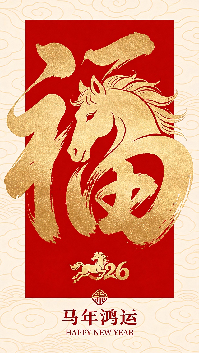 国潮风融合剪纸与鎏金工艺，大字“福”中隐现骏马，红金配色尽显喜庆与中式韵味，传递马年鸿运的吉祥祝福。