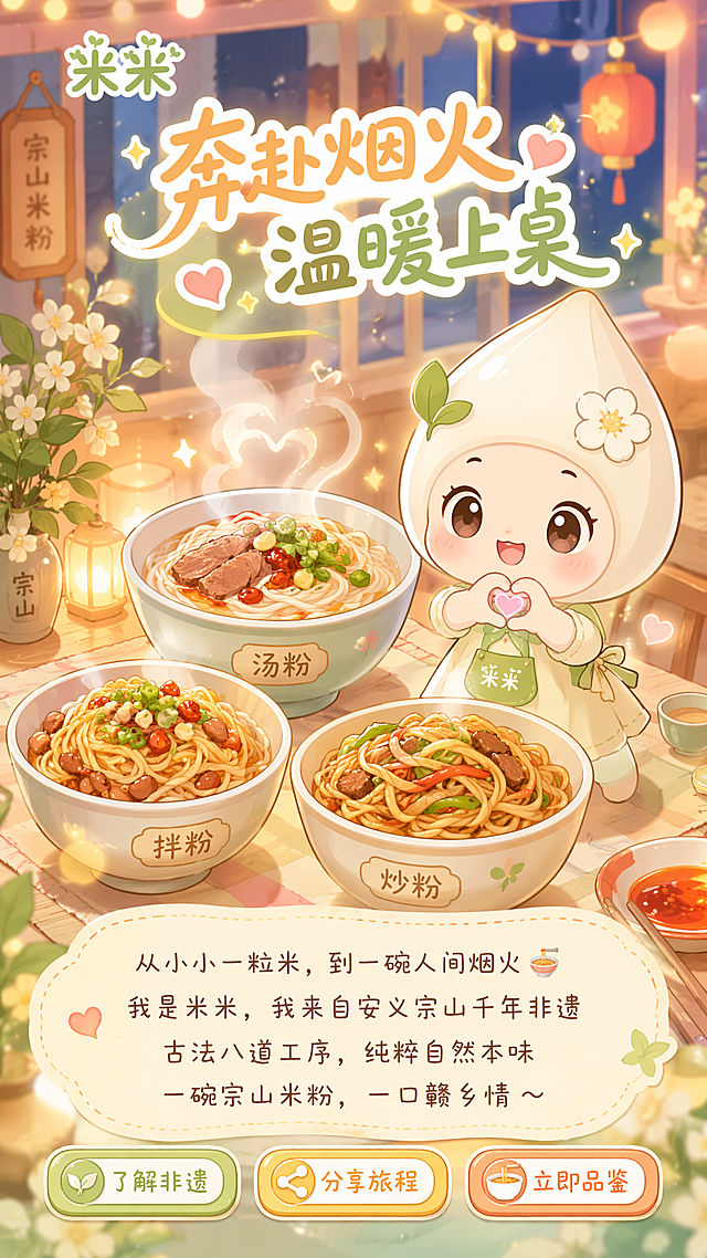 日系小清新可爱卡通动画风，配色奶白浅绿软黄淡青暖橘，画面干净明亮治愈。第8页奔赴烟火温暖上桌：背景是温馨卡通餐桌场景暖色调烟火氛围，核心画面Q版汤粉拌粉炒粉三小份美食摆盘，米米站在美食旁边比心微笑，米米有萌萌大眼睛小小手脚，底部可爱圆角功能按钮，装饰热气爱心光点温馨光晕。米米结尾文案："从小小一粒米，到一碗人间烟火🍜\n我是米米，我来自安义宗山千年非遗\n古法八道工序，纯粹自然本味\n一碗宗山米粉，一口赣乡情～"，底部功能按钮："了解非遗 / 分享旅程 / 立即品鉴"，全程主角米米出镜。