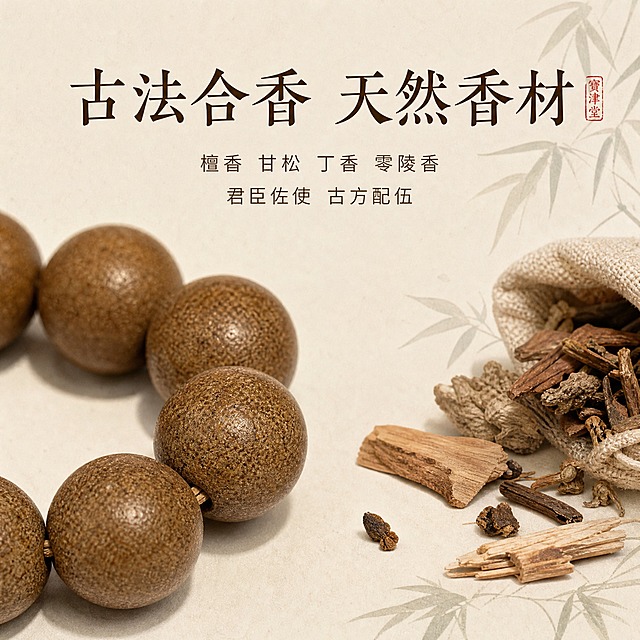 [主图-2] 故宫宝聿堂 荀令十里香香珠手串 材质工艺展示。
[统一基调] 新中式国风雅致风格，整体温润沉静，小红书原生感，背景为浅米色宣纸质感，点缀淡墨竹影，主色调为米白、赭石棕、朱砂红，标题用书法感宋体，字色深棕，辅助文字用细黑体浅棕色，整体克制高级，无廉价电商感。
[画面] 画面左侧为香珠手串微距特写，3-4颗香珠占据左半画面，清晰展示合香珠的天然颗粒肌理、哑光温润质感、圆珠打磨工艺，珠体表面细腻有细微天然材质纹理。右侧为古方香材意象展示：檀香木片、甘松、丁香、零陵香等天然香料小束，用浅棕色棉麻布袋半装，散落2-3片在旁，营造古法合香氛围。产品占比约70%。
[光影质感] 柔和侧光打在香珠上，突出珠体圆润弧度和材质肌理，香材有自然植物质感，阴影柔和，整体干净通透。
[配色] 背景浅米宣纸色，香珠赭石棕，香材自然草木棕绿色，文字深棕色，整体暖调自然。
[文字版式] 画面上方横排主标题「古法合香 天然香材」，下方两行小字「檀香 甘松 丁香 零陵香」「君臣佐使 古方配伍」，文字放在画面上方负空间，不遮挡产品。
[输出要求] 比例1:1，2K高清，香珠肌理清晰，文字清晰可读，无变形错字，无水印无平台logo，负向：塑料感、廉价高光、模糊、穿模、夸张特效、医疗功效暗示。