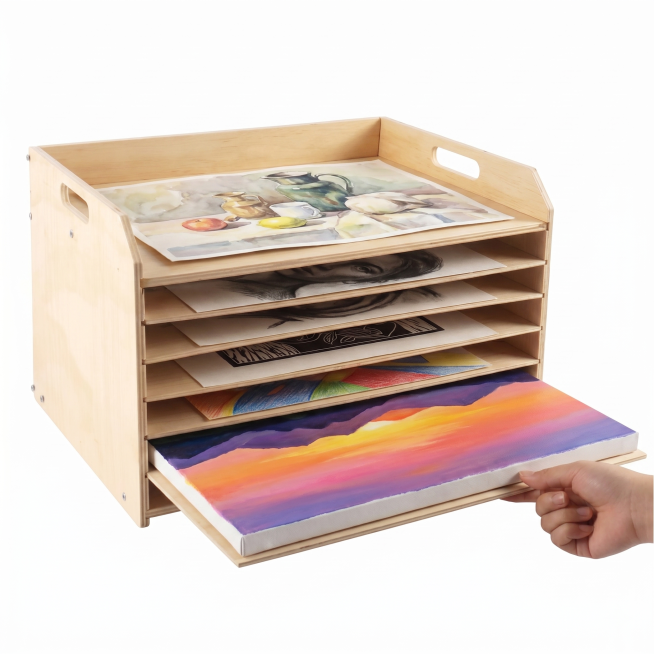 将背景替换为纯白色，生成白底图，不改变晾干架产品本身的结构、层数形态和细节。晾干架的多层托盘需要整齐摆放正在晾干的不同绘画作品，每一层只放一张画作，每张画作大小保持一致但类型不同，人物拉出的那层抽屉上预览效果