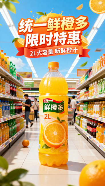 超市商品促销图，一瓶2L装统一鲜橙多饮料放置在超市饮料货架前，背景是明亮的超市卖场环境，有醒目的促销海报设计，整体色彩鲜艳明亮，突出产品新鲜橙汁的黄色橙色主题，氛围热闹吸引顾客预览效果