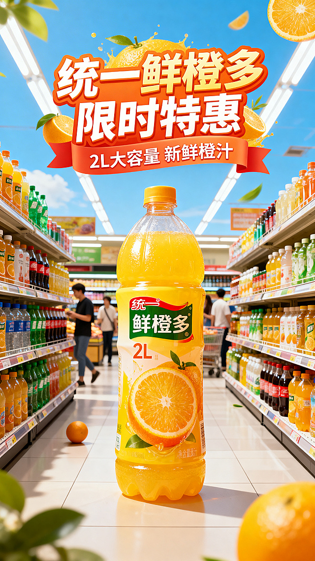 超市商品促销图，一瓶2L装统一鲜橙多饮料放置在超市饮料货架前，背景是明亮的超市卖场环境，有醒目的促销海报设计，整体色彩鲜艳明亮，突出产品新鲜橙汁的黄色橙色主题，氛围热闹吸引顾客