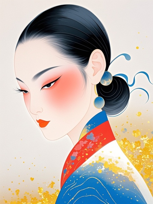 一个中国少女，肖像特写，侧脸，黑眼睛，长睫毛，水墨意境，重彩，传统扎染，弥散渐变预览效果