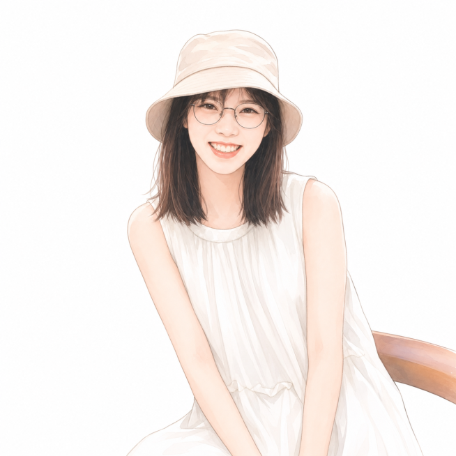 模仿图二的清新柔和手绘插画风格，将图一生成为该插画风格，保留原人物戴渔夫帽、眼镜、穿白裙子的特征和姿势预览效果